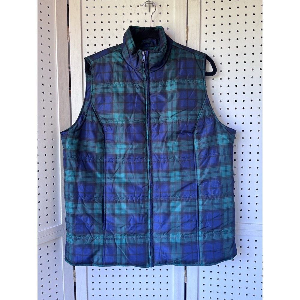 Woman Within M 14/16 Green Blue Plaid Zip Up Puffer Vest Polyester